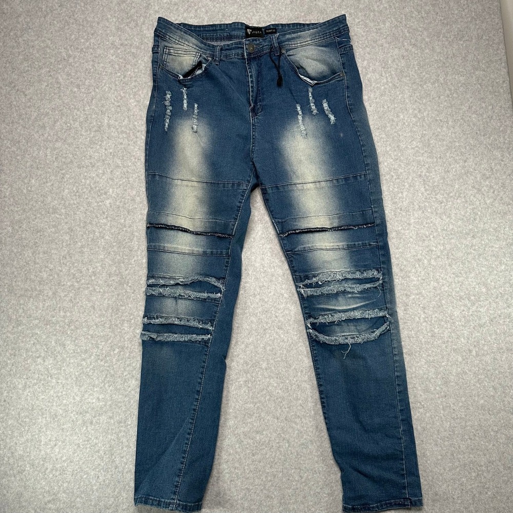 WAIMEA Mens Skinny‎ Fit Distressed Ripped Blue Denim Jeans Moto Size 38x32 NEW